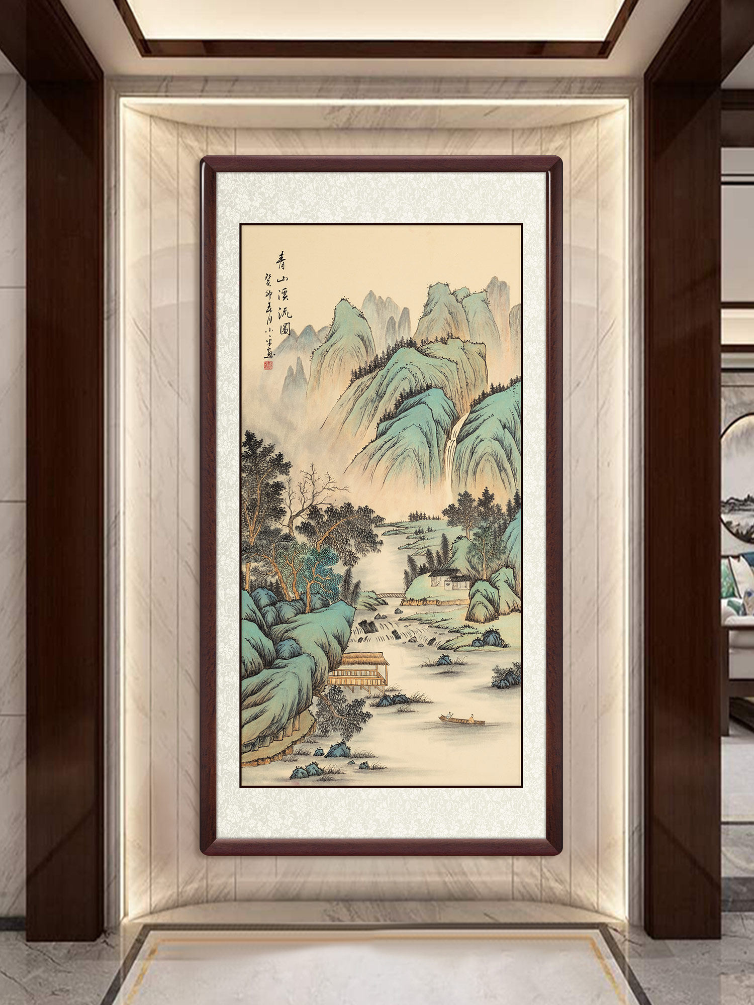 新中式山水国画纯手绘入户玄关装饰墙画走廊过道挂画壁画青川溪悦