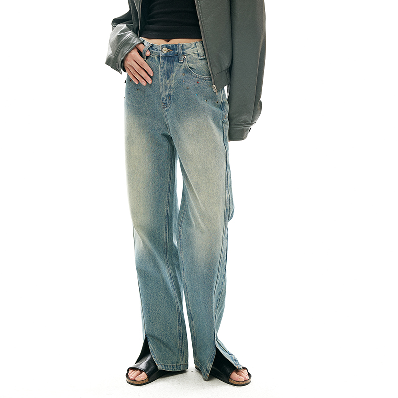 春季新款钉珠直筒开叉牛仔长裤女