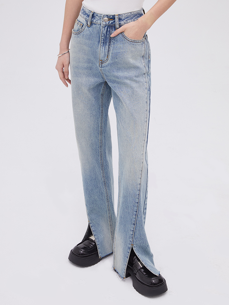 早春开叉牛仔裤水洗浅色长裤