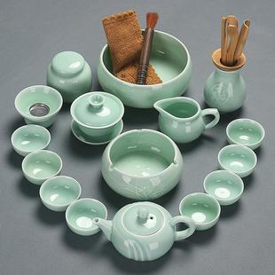 陶瓷家用办公简约不烫手泡茶壶盖碗杯洗茶道茶艺 青瓷功夫茶具套装