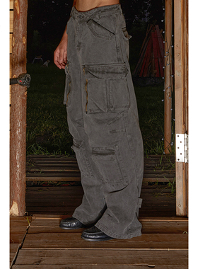 【PacShop】.pac 硬挺宽松多袋工装机车长裤黑/水洗灰