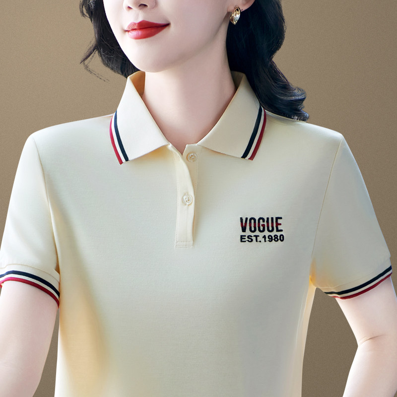 2025纯色翻领短袖T恤女夏洋气显瘦小个子妈妈休闲上衣中年POLO衫