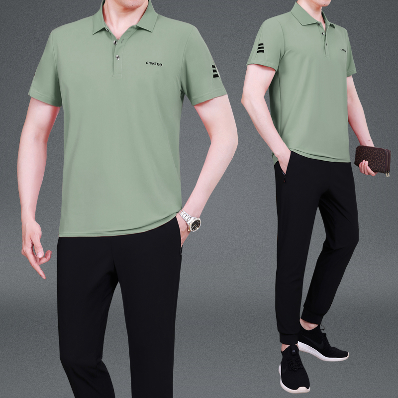 时尚中老年男装冰丝短袖T恤套装男士夏季运动服中年爸爸夏装薄款
