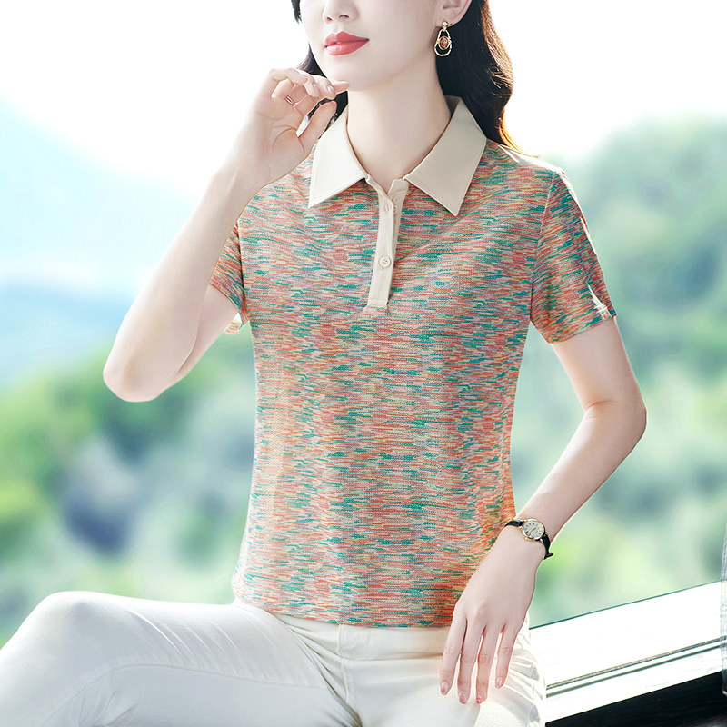 时尚翻领短袖t恤女夏季2025新款洋气妈妈夏装上衣正肩polo衫大码T