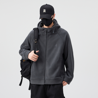 加厚摇粒绒连帽外套男春秋季2025新款简约百搭男生冬装夹克上衣服