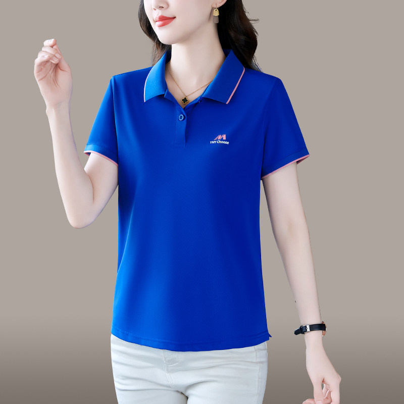 克莱因蓝短袖t恤女夏季翻领冰丝上衣中年妈妈半袖体恤速干polo衫