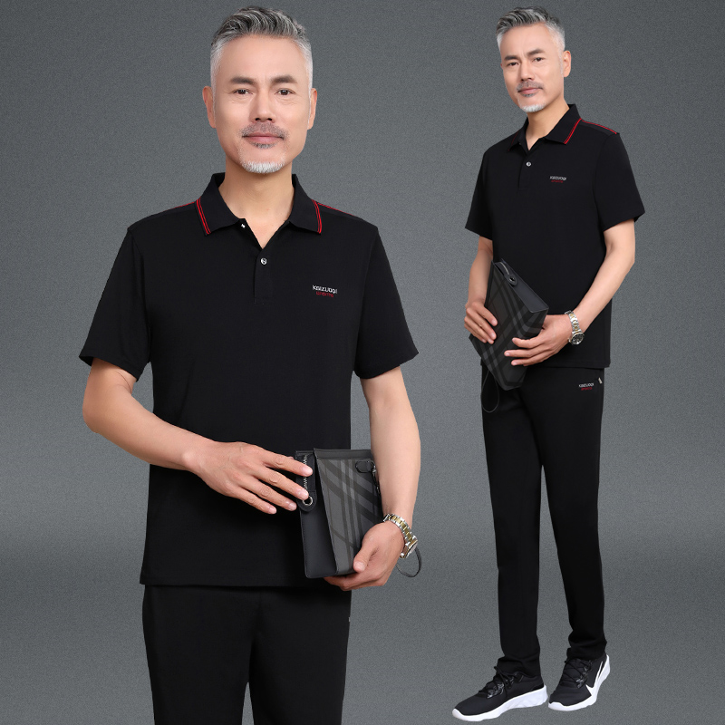 中老年夏季衣服中年男装两件套爸爸夏装套装时尚短袖t恤休闲运动