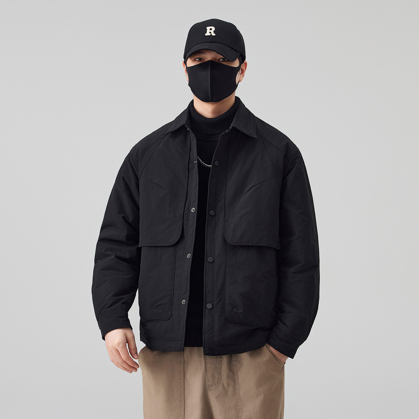 冬季男士新款羽绒服翻领结构外套男防风保暖轻薄工装宽松帅气潮牌