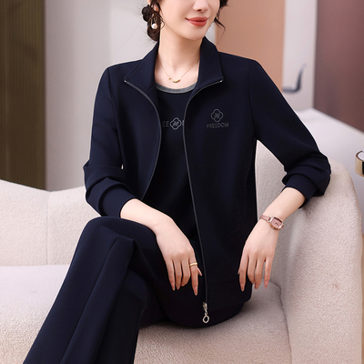 运动装套装女春秋2026新款宽松时尚洋气妈妈户外跑步休闲服三件套