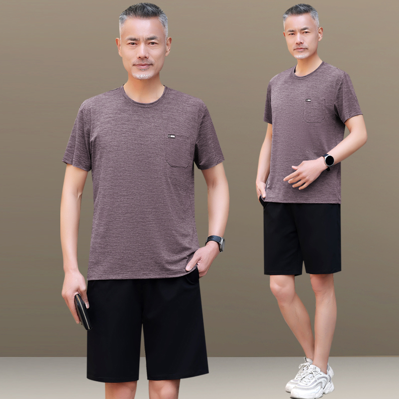 父亲节衣服冰丝短袖男短裤中老年运动套装男爸爸夏装套装圆领中年
