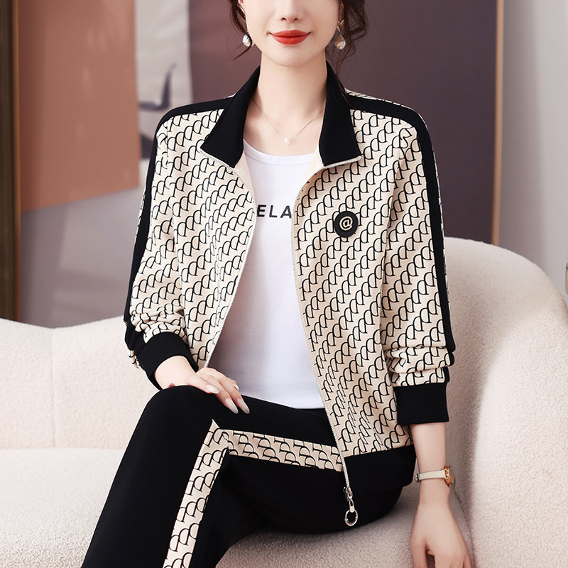 减龄时尚休闲立领运动服套装女2025新款春秋季印花开衫卫衣三件套