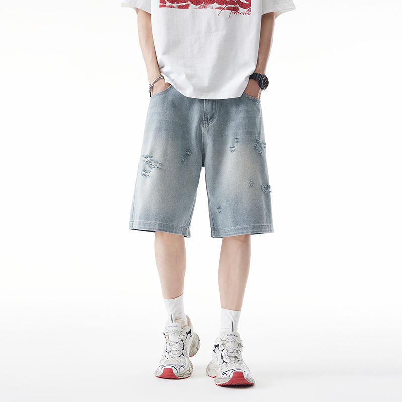 美式高街破洞牛仔短裤男生2025新款夏季潮牌时尚直筒宽松五分裤子