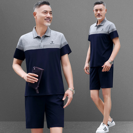 爸爸夏装套装中老年男装休闲运动服棉男士夏天短袖短裤父亲节薄