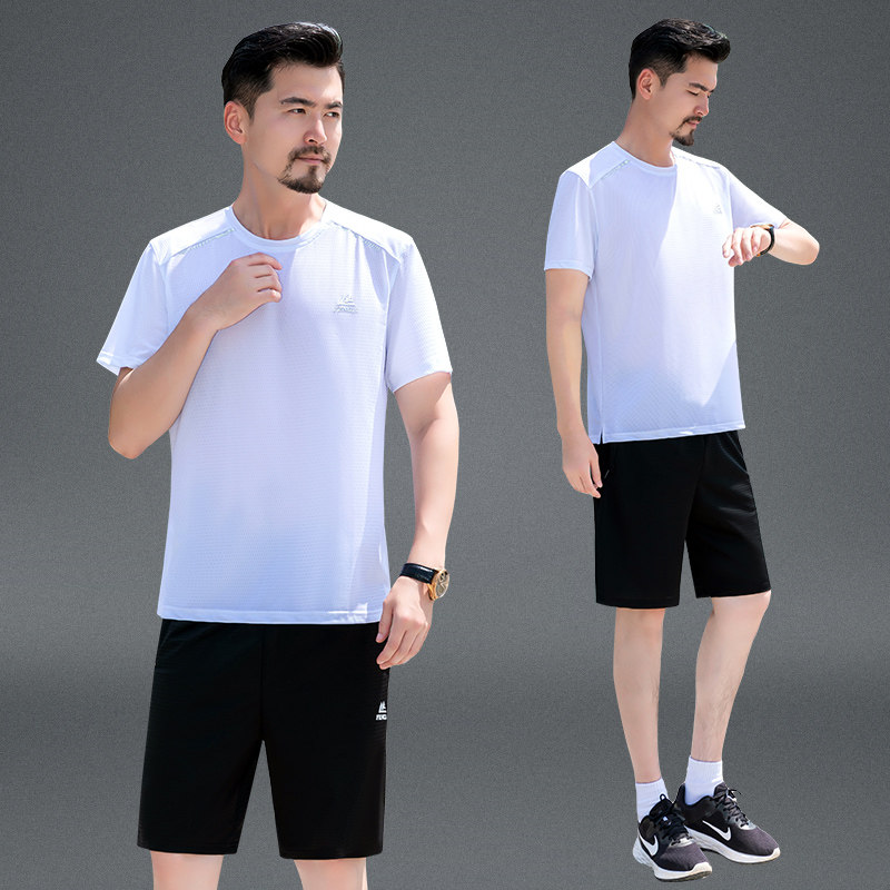 爸爸休闲套装男士2025夏季圆领冰丝短袖t恤短裤中老年速干运动服