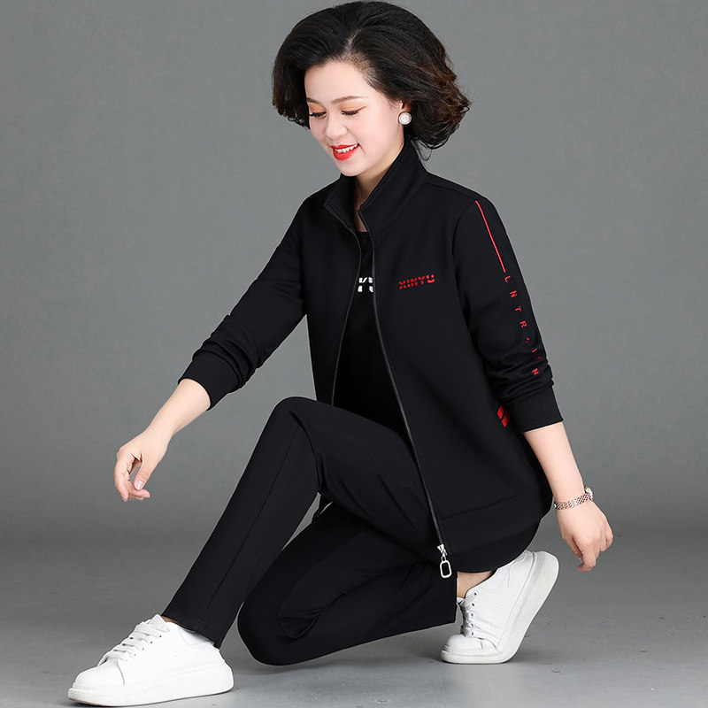 中老年妈妈装运动服套装春秋新款外套女中年洋气春秋装休闲三件套