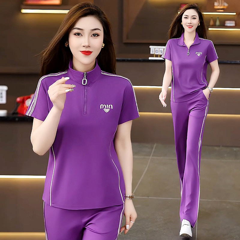 时尚立领运动套装女2025夏季新款大码小个子减龄休闲长裤整套套装