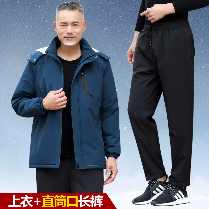中年棉衣套装男加绒加厚羊羔绒棉服爸爸冬装加肥加大冲锋上衣外套