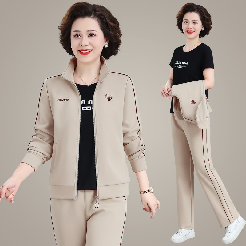 50岁妈妈运动服套装春秋大码中老年人女秋装外套新款阔太太三件套