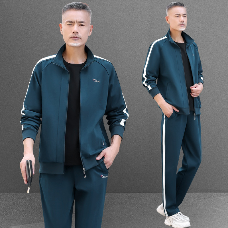 高端中老年运动套装男春秋冬季爸爸运动套装休闲运动服纯棉三件套