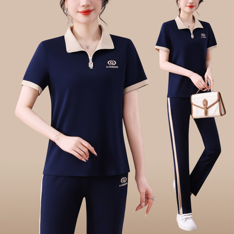 妈妈夏装新款休闲运动服套装时尚短袖上衣中老年女夏季两件套