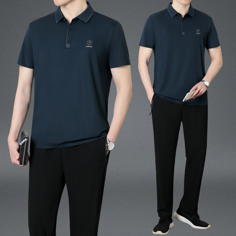 中年人男士爸爸夏装套装冰丝短袖t恤中老年男装休闲运动服男夏季