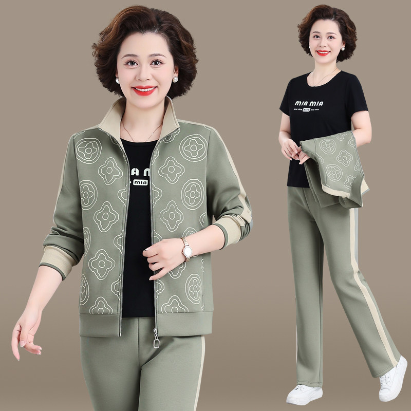 中老年妈妈秋装时尚运动服休闲外套女阔太太减龄气质卫衣三件套装