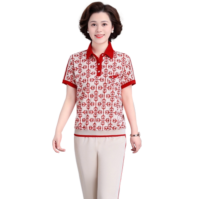 妈妈夏休闲运动套装翻领短袖上衣