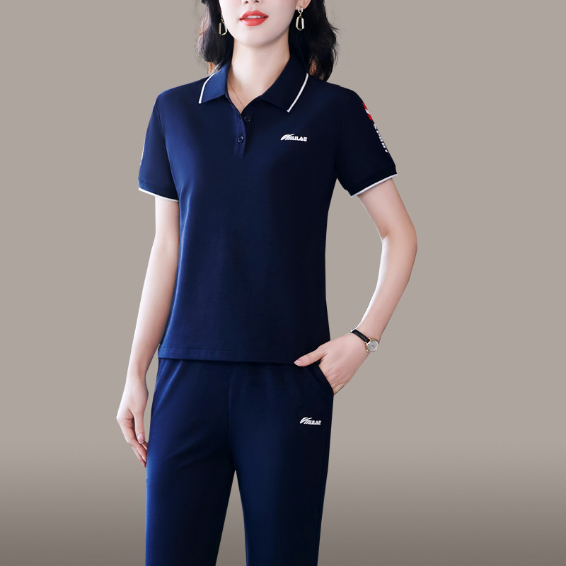 运动套装女夏季短袖长裤时尚洋气妈妈翻领T恤上衣中年休闲两件套