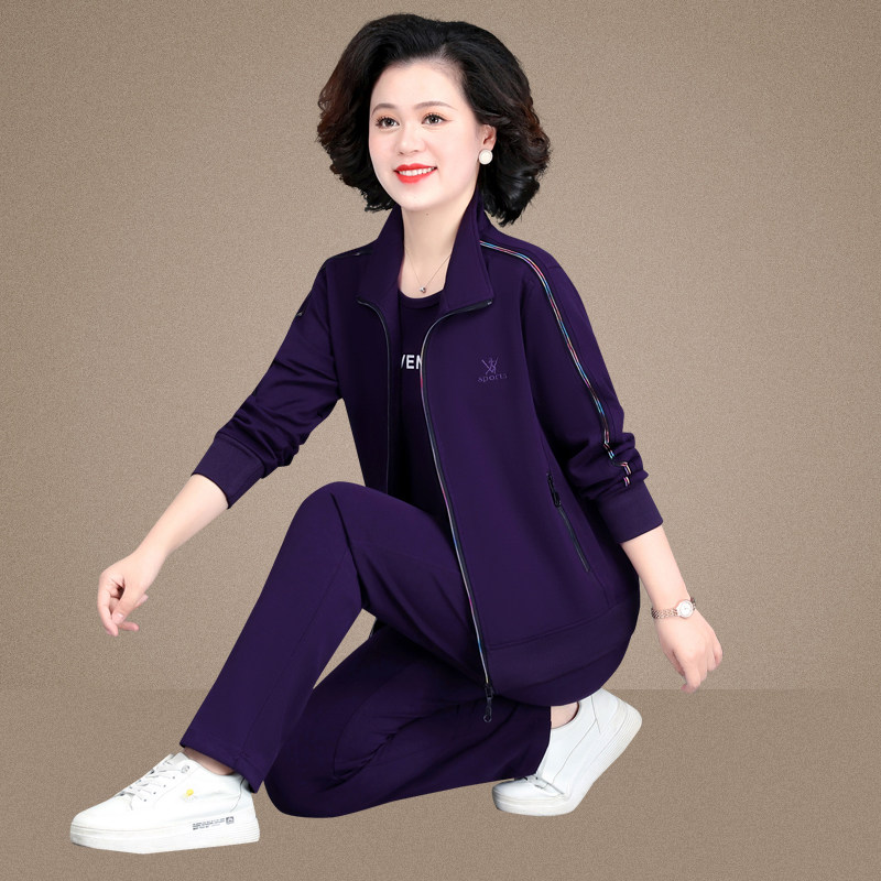 妈妈秋装外套中年女休闲运动服中老年春秋大码上衣三件套运动套装