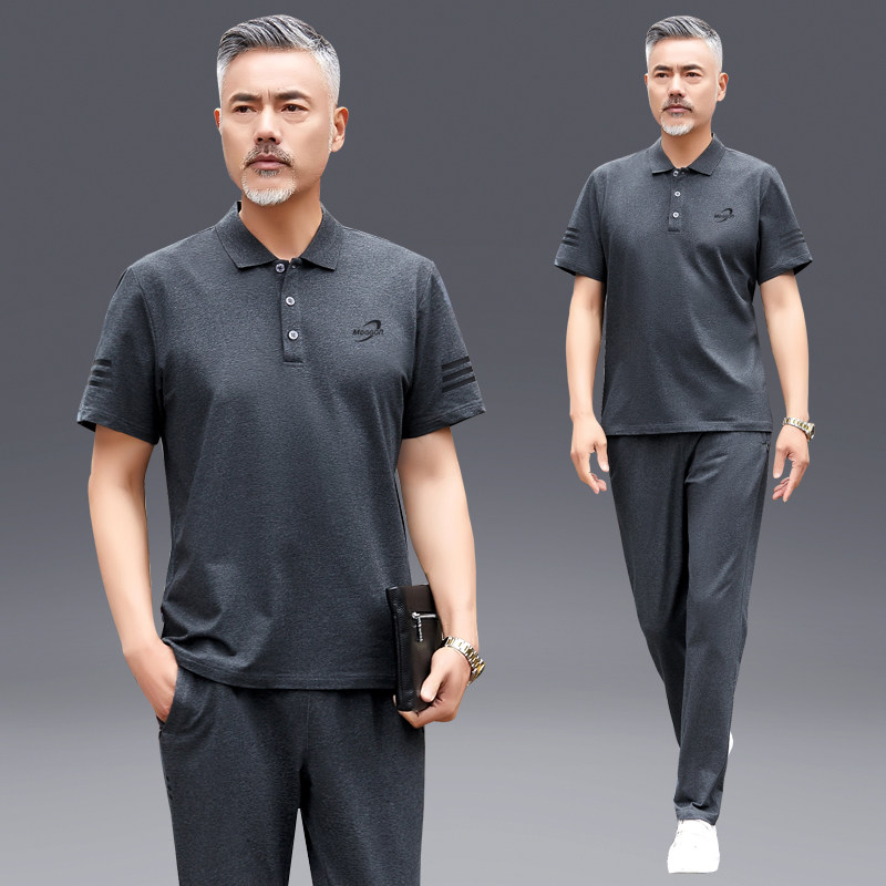 夏天季中老年男士爸爸装棉短袖长裤加大码商务休闲跑步运动服套装