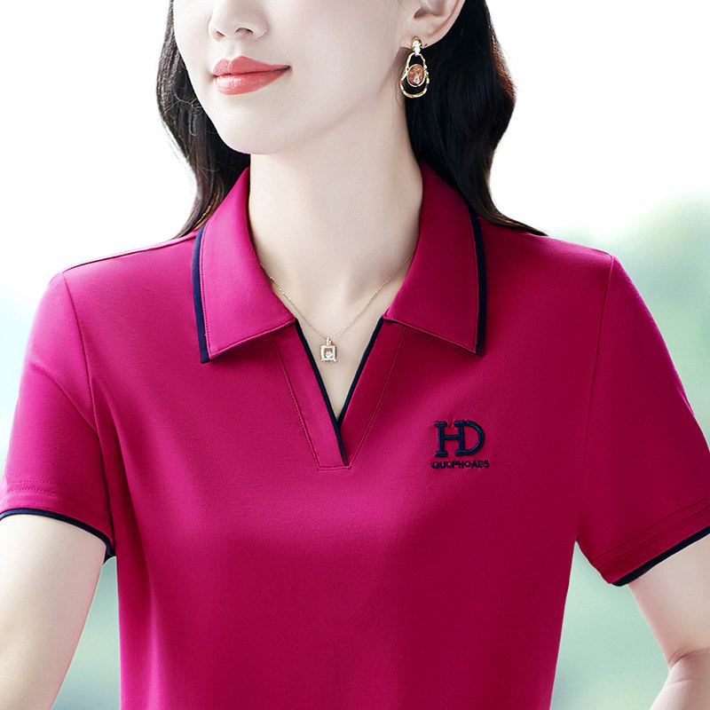 品牌冰丝短袖t恤女夏装气质妈妈polo衫宽松显瘦大码上衣绣花翻领