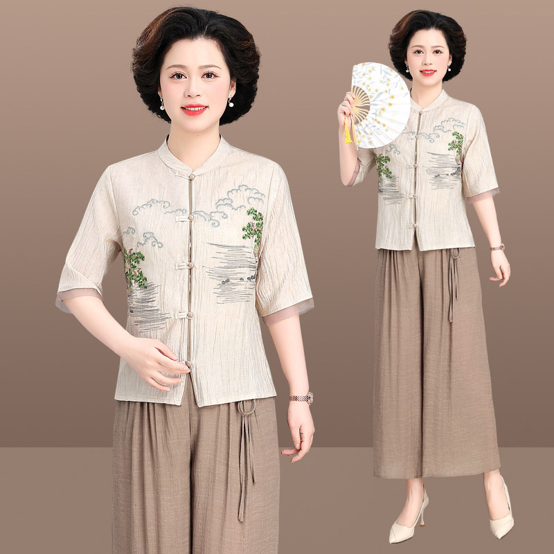 中年妈妈夏装套装2025新款中老年人时尚衬衫春夏国风上衣阔腿裤女