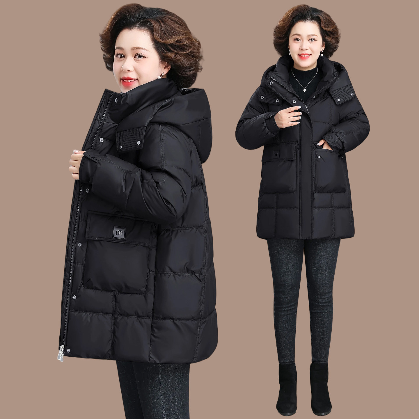 中年妈妈五十多岁洋气羽绒棉服中长款大码中老年女秋冬装棉袄外套