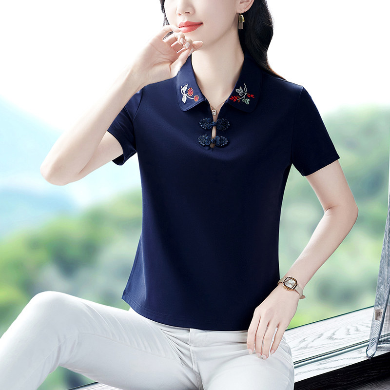 2025年夏季新款中国风绣花中年女士气质减龄天丝罗马短袖T恤夏季