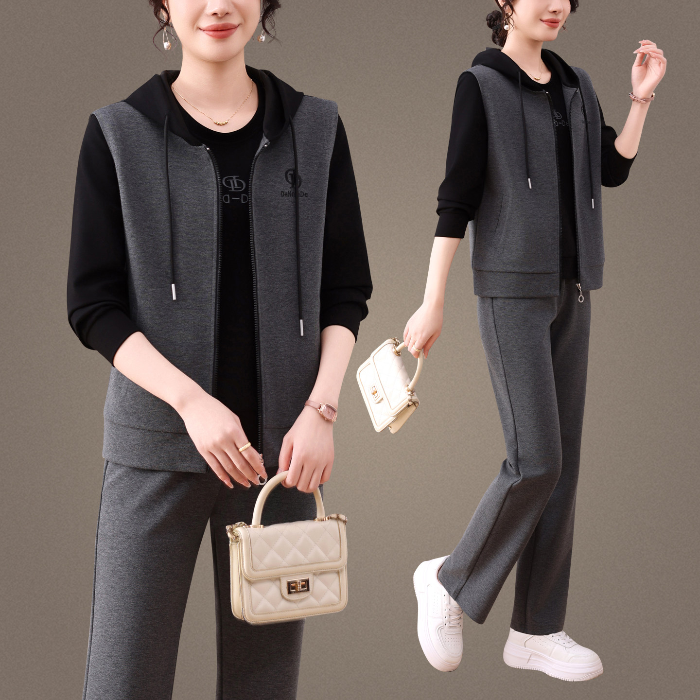 高端运动服套装女士春秋减龄妈妈长袖外套连帽马甲休闲卫衣三件套