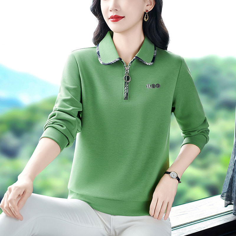 长袖卫衣女春秋时尚妈妈POLO衫宽松百搭休闲外套翻领拉链上衣大码