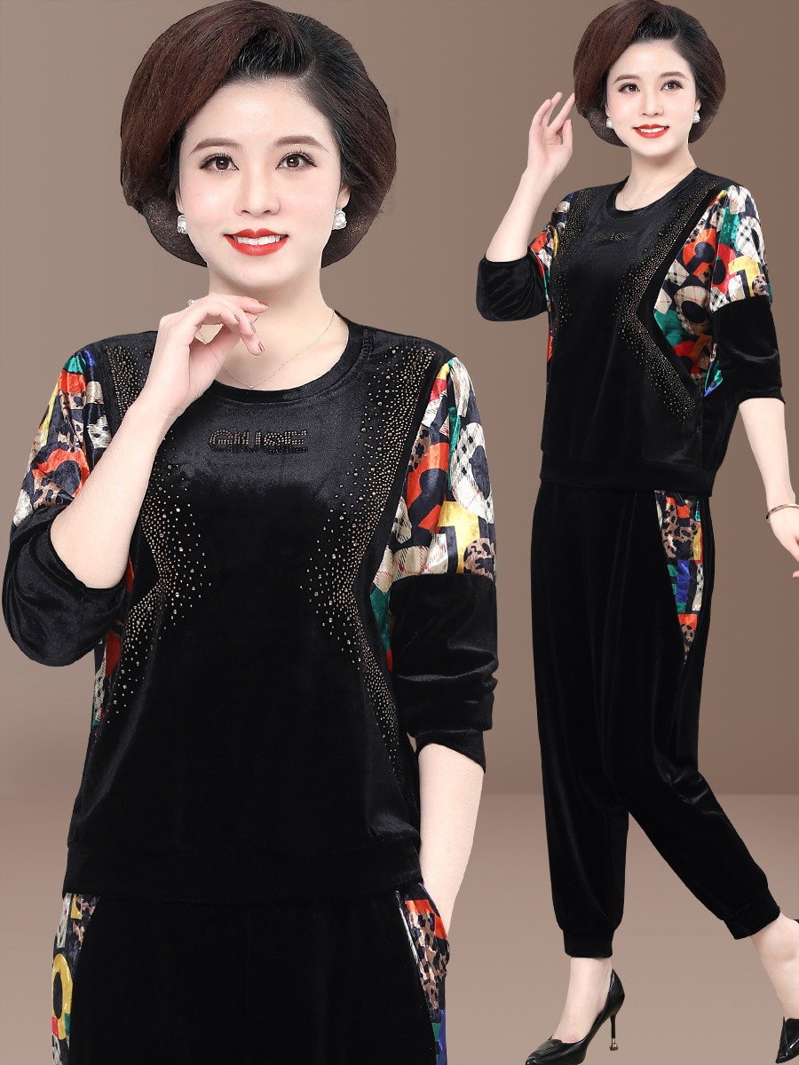 中年妈妈春装2023新款洋气时尚金丝绒上衣中老年运动服套装女春秋