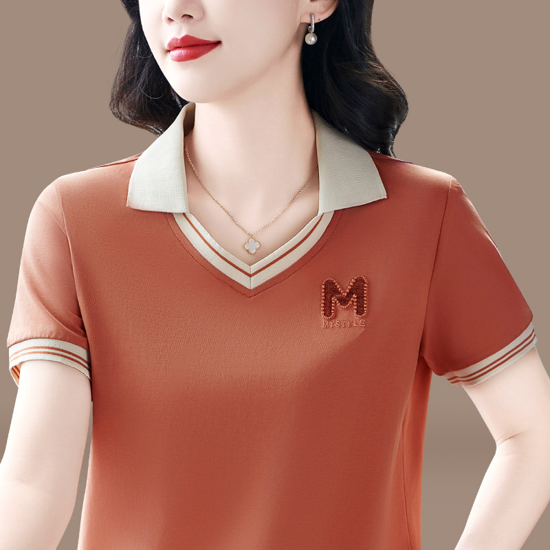 时尚纯色翻领短袖T恤女士2025夏季新款中年女士百搭休闲减龄上衣