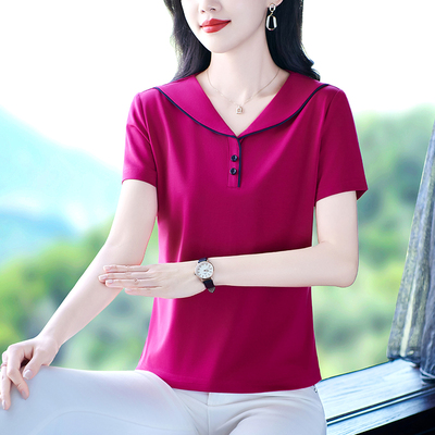 海军领短袖t恤女士大码夏装2025新款时尚减龄体恤衫宽松洋气上衣