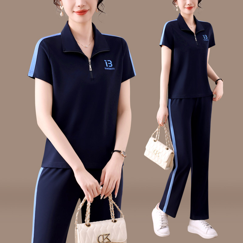 运动套装女夏季2025新款宽松洋气妈妈冰丝薄款短袖长裤休闲两件套