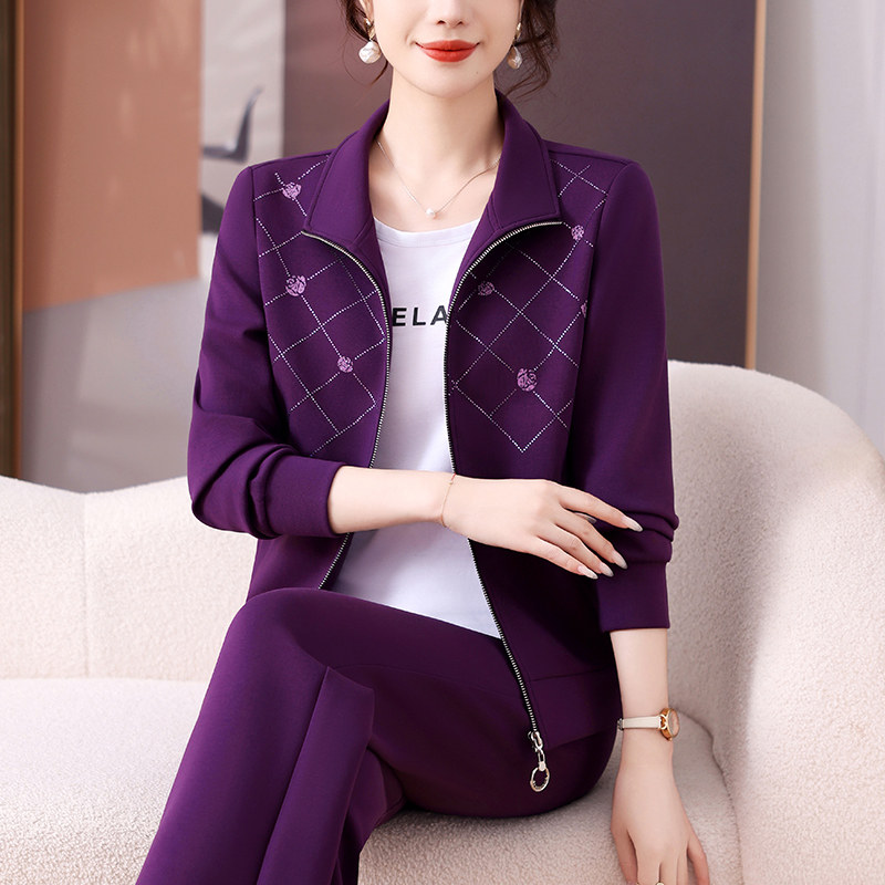 洋气显瘦休闲运动服套装女春秋季2025新款立领印花开衫卫衣三件套