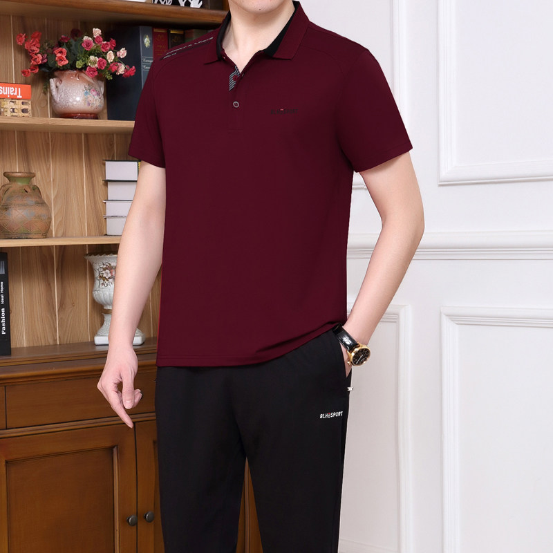 夏天季中老年男士爸爸装棉短袖长裤加大码商务休闲跑步运动服套装