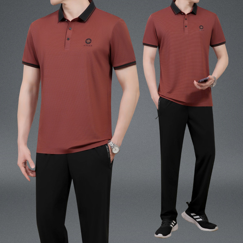 2025夏季新款中年男士爸爸父亲装冰丝短袖t恤长裤跑步运动服套装