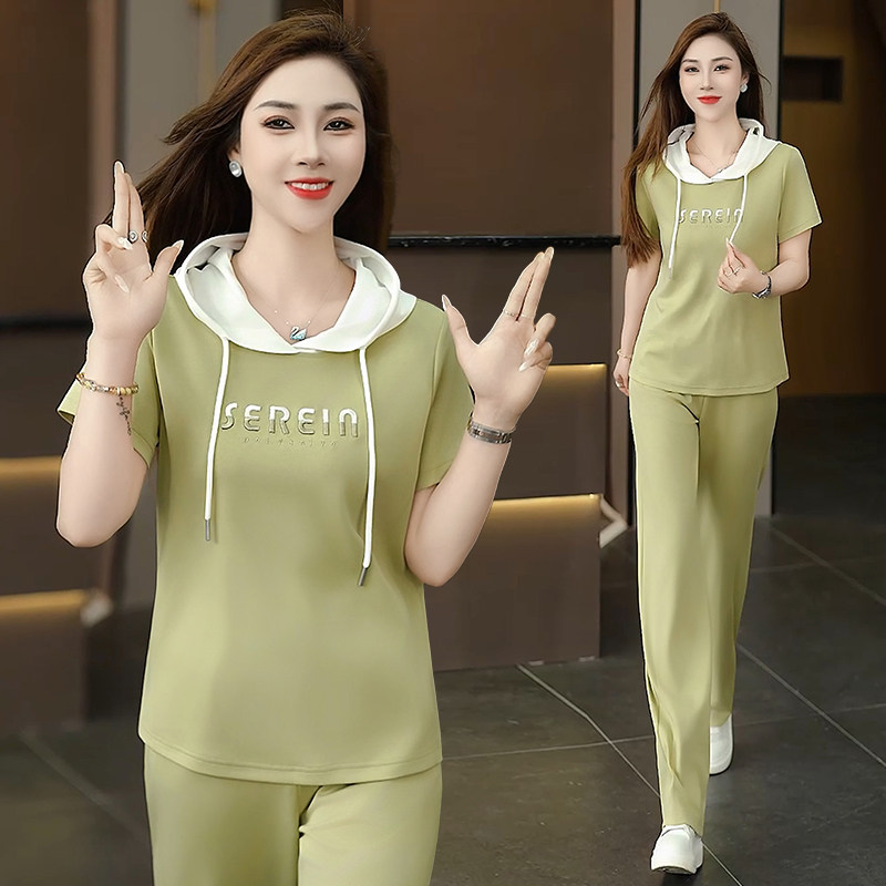 夏季运动套装女2025新款韩版宽松显瘦连帽短袖长裤休闲跑步两件套