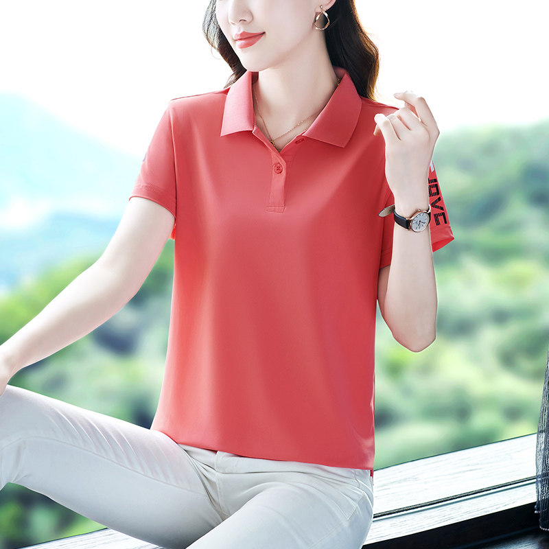 纯色短袖t恤女夏季薄款时尚洋气中年妇女冰丝翻领上衣妈妈polo衫