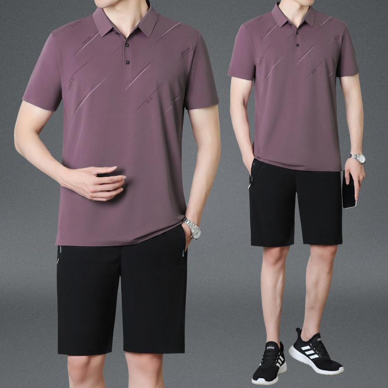 中年男士爸爸夏装套装冰丝短袖t恤夏天中老年男装父亲节衣服夏季