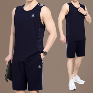 中老年男士短裤背心夏季冰丝运动套装男宽松大码无袖篮球服两件套