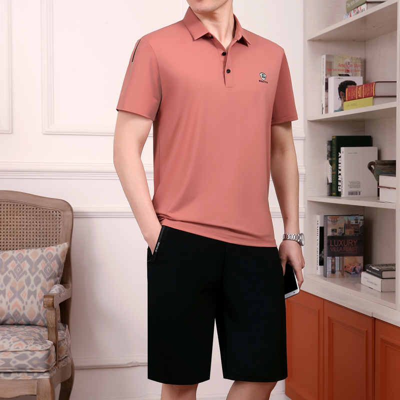 爸爸夏装套装冰丝时尚中年男装短袖POLO衫50岁60中老年运动套装男