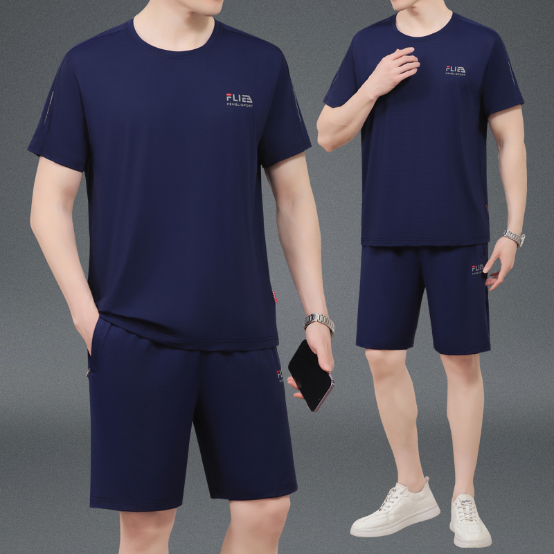 爸爸夏装冰丝套装中年男士短袖t恤中老年男装休闲运动衣服男夏季