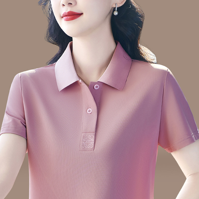 冰丝速干翻领短袖t恤女夏新款纯色运动上衣大码polo衫体恤工作服